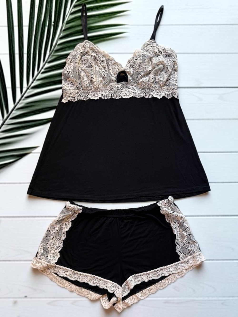 Adore Me Black Lace Babydoll Pajama Set L Cami & Shorts Lingerie Sleepwear